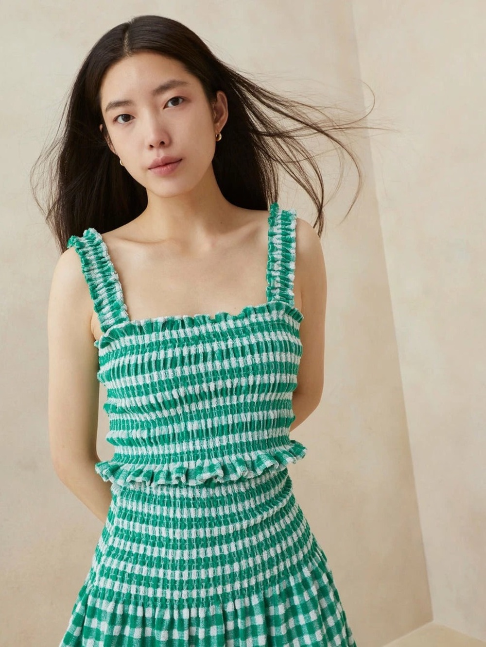 Loeffler Randall Fiona Green Gingham Smocked Cotton Tank Top S - Picture 9 of 9